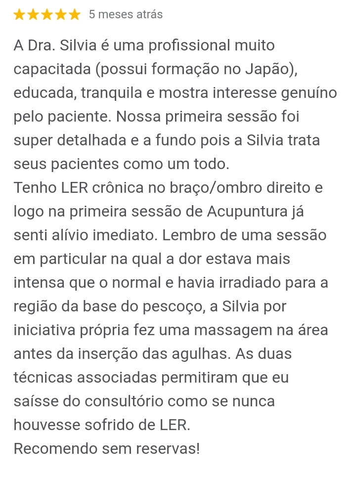 Depoimento de paciente que fez acupuntura por dor, bursite, tendinite, LER, dor em ombro e pescoço